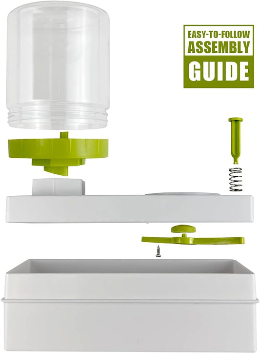 White and green mechanical assembly kit with components on a white background