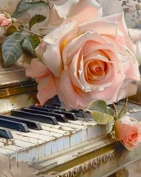 Pink roses on an old piano keyboard with a soft focus background