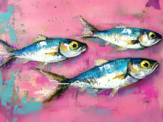 An expressive painting of three silver-blue and white fish with yellow eyes swimming against a textured pink background with turquoise accents.