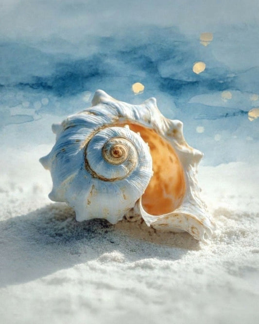 A large spiral seashell resting on white sand with a soft blue watercolor ocean background and small golden bokeh circles.