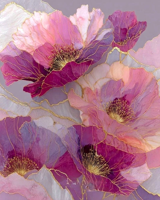 Artistic depiction of pink and purple flowers with gold accents on a gray background