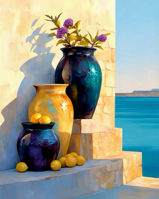 Decorative vases with flowers and lemons on a stone ledge by the sea.