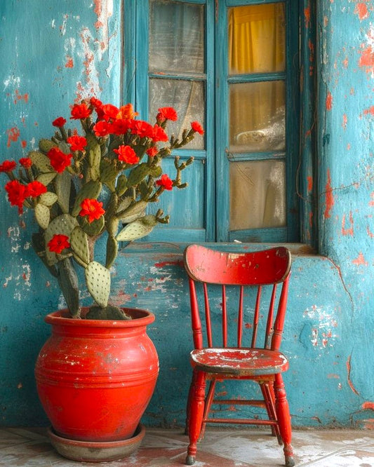 Potted cactus with red flowers next to a red chair against a blue wall.