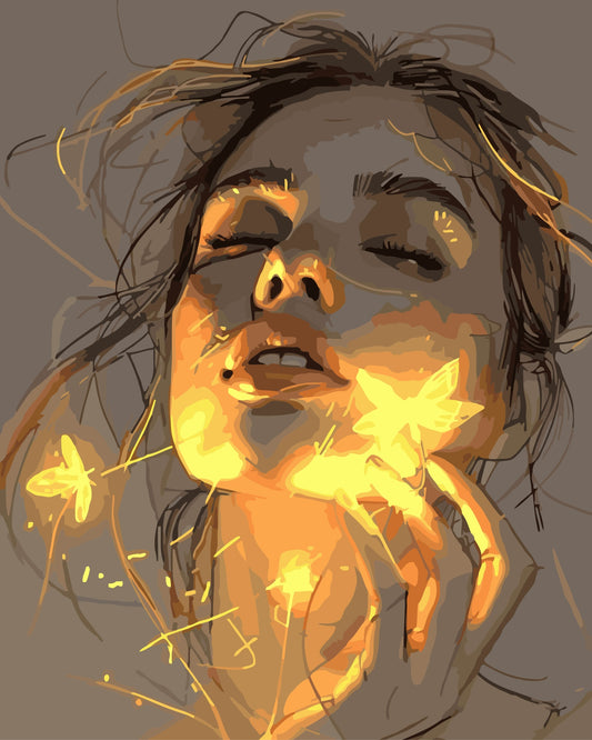 Whispers of Light 2 paint by number kit — painterly effect of a woman with glowing golden light and sparks against a warm grey background