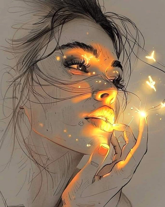 Whispers of Light paint by number kit — close-up of a woman's face with glowing golden amber light and tiny white butterflies on a warm grey background