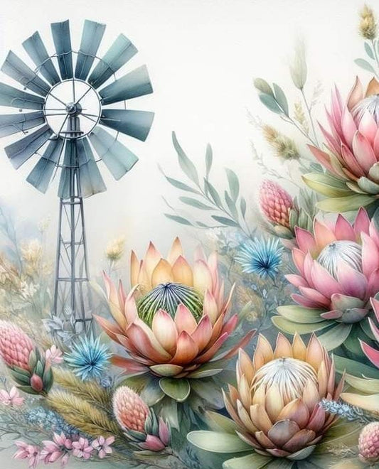 Colorful floral protea design with a windmill in the background