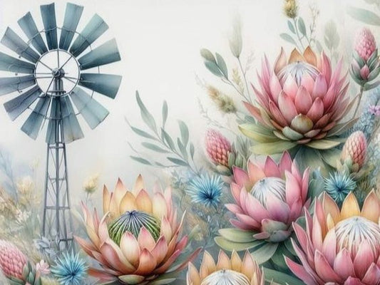 Illustration of a windmill with protea flowers on a light background