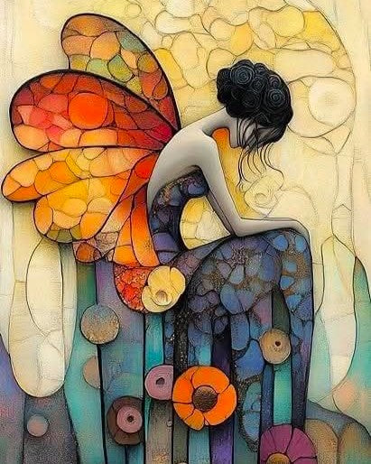 Colorful stained glass-style artwork of a figure with butterfly wings and floral details.