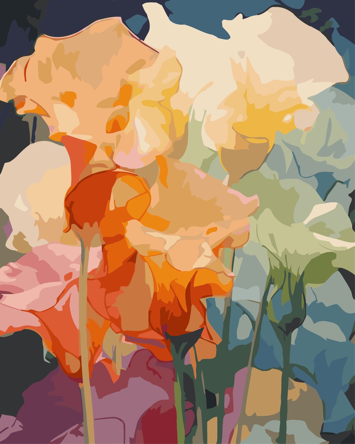 Colorful abstract floral design with a mix of orange, pink, and white flowers on a dark background.