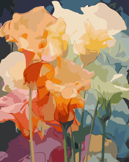 Colorful abstract floral design with a mix of orange, pink, and white flowers on a dark background.
