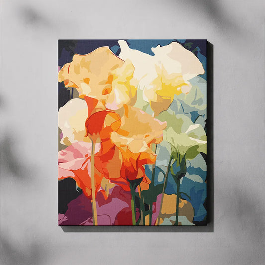Colorful floral painting on a gray background