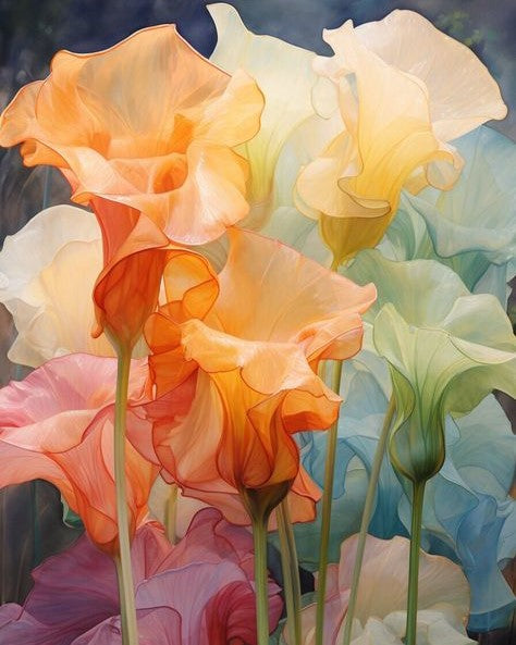 Colorful abstract floral design with a mix of orange, pink, and white flowers on a dark background.