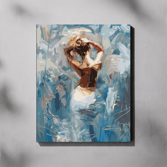 Abstract painting of a woman in a dress with blue and gray tones on a gray background