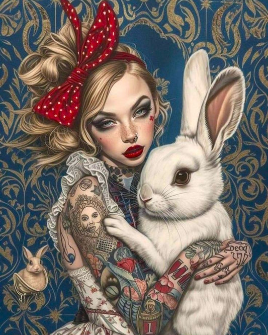 Woman with tattoos holding a white rabbit against a decorative blue background