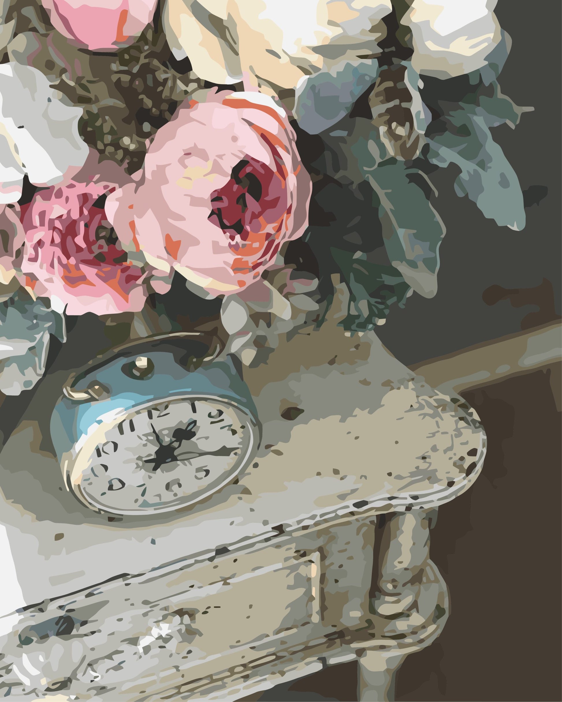 Floral arrangement with a vintage clock on a textured surface