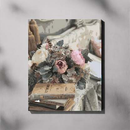 Canvas print of a floral arrangement on books with a gray background