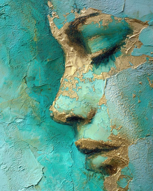 Abstract textured painting of a woman's face in profile, rendered in turquoise, teal, and gold tones with thick impasto brushstrokes.