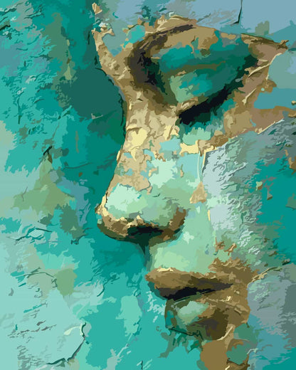 Abstract portrait paint by number of a face rendered in textured brushstrokes of teal, aqua, tan, and brown, with the face forming a profile against a matching painted background.