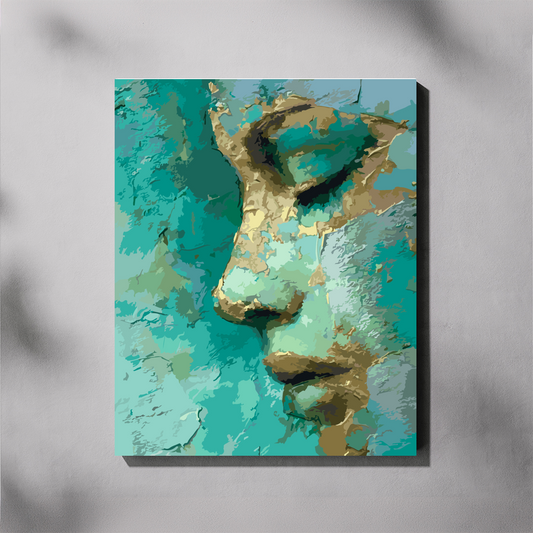 A canvas wall art paint by number featuring an abstract side-profile portrait of a face in textured teal, mint green, and metallic gold tones, displayed against a light gray wall with soft shadow overlays.