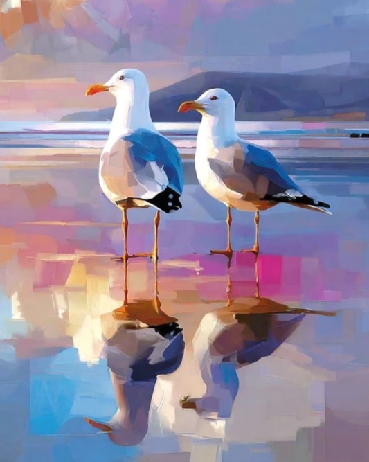 A stylized painting of two seagulls standing in shallow water with colorful reflections. The artwork uses painterly blocks of blue, pink, purple, beige, and white, with no visible frame or wall background.