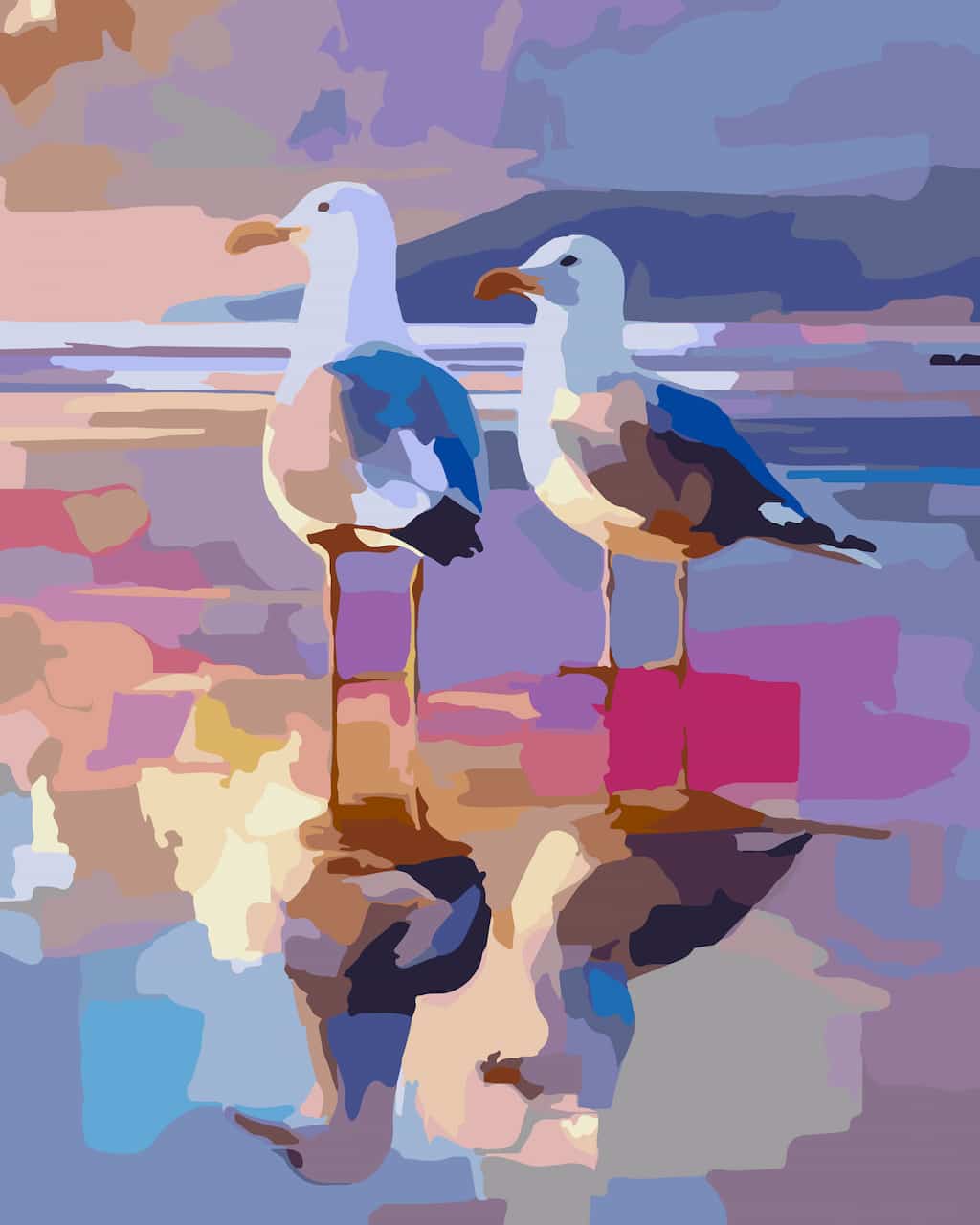 A paint by number of two seagulls standing on a reflective beach surface, rendered in painterly blocks of purple, blue, pink, beige, and brown tones.