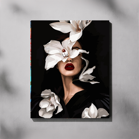 Artistic depiction of a woman's face with white orchid flowers and red lipstick on a dark background