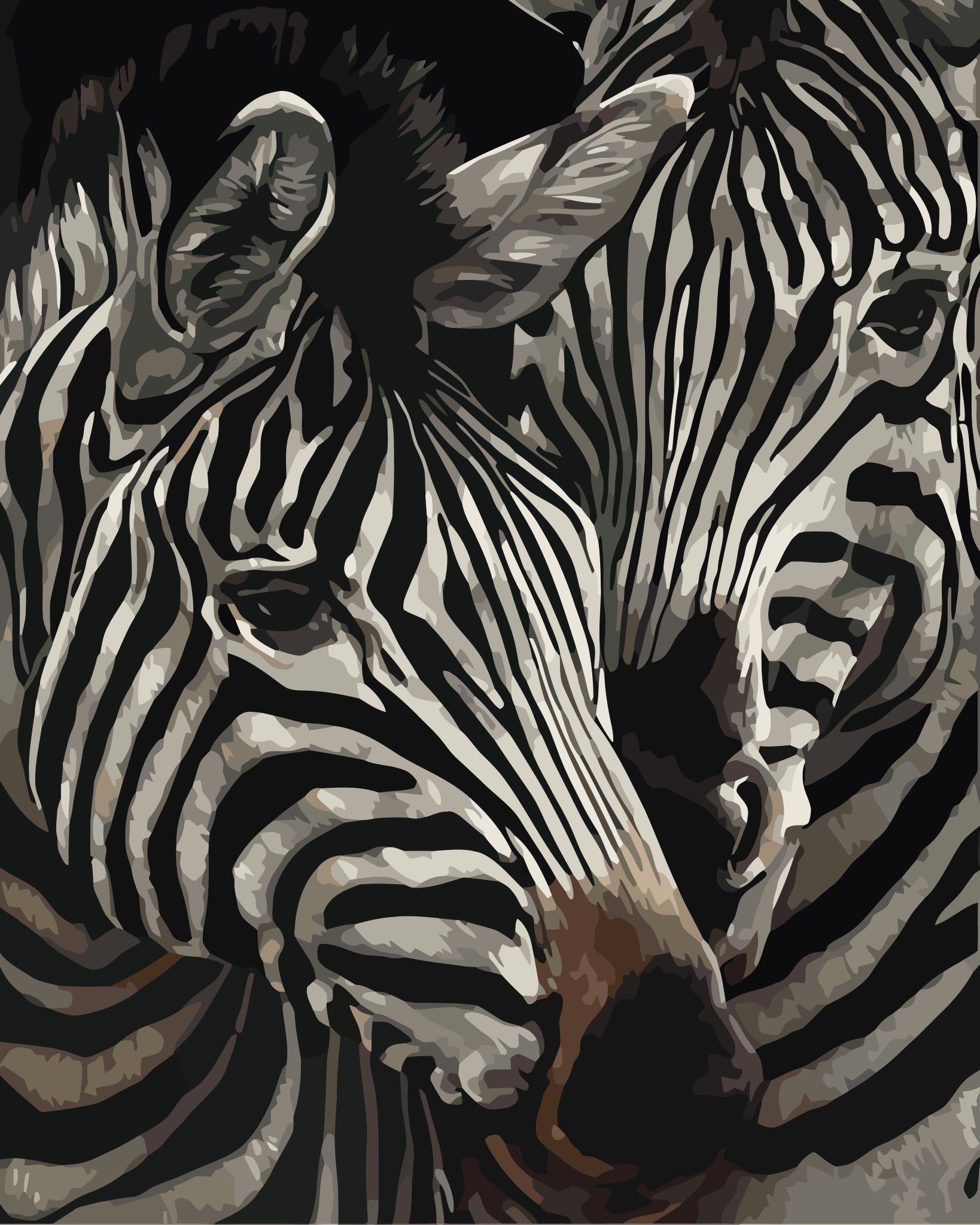 Two zebras with a warm color palette on a textured background