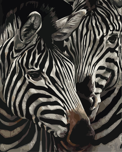 Two zebras with a warm color palette on a textured background