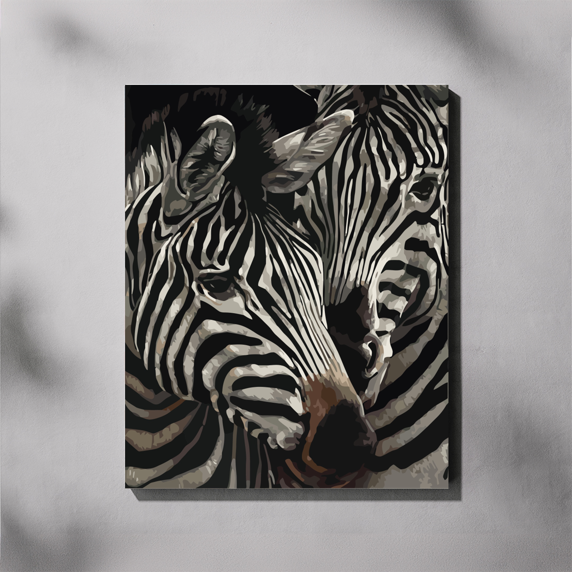 Artistic depiction of two zebras on a textured background