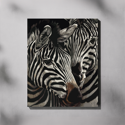 Artistic depiction of two zebras on a textured background
