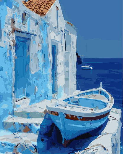Traditional Greek fishing village with a boat docked in front of a white building with blue doors.