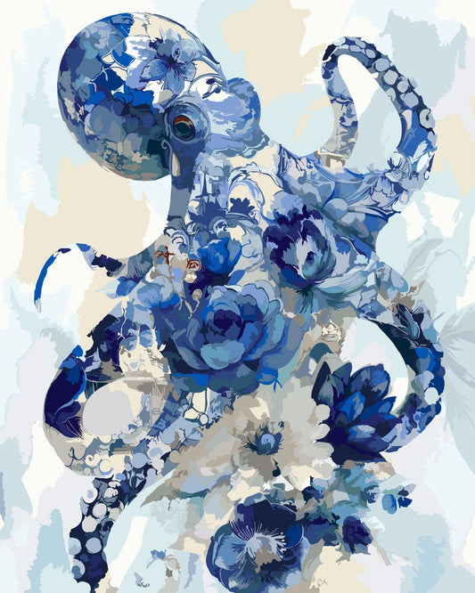 Watercolor-style paint by number of an octopus composed of blue and white floral motifs, set against a soft light background.