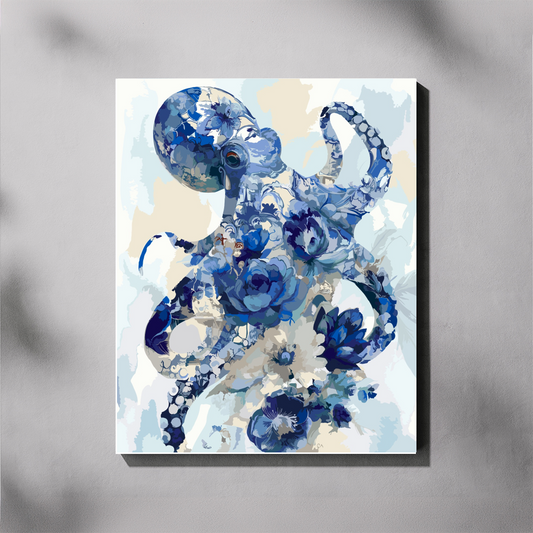 A vertical paint by number canvas featuring a stylized octopus made of blue floral and watercolor textures, displayed against a light gray wall with soft shadow overlays.