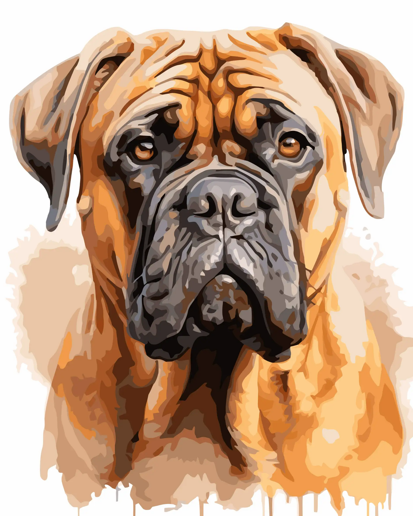 Boerboel dog portrait paint by number kit — artistic effect close-up of a Boerboel dog portrait with warm golden and brown colour palette