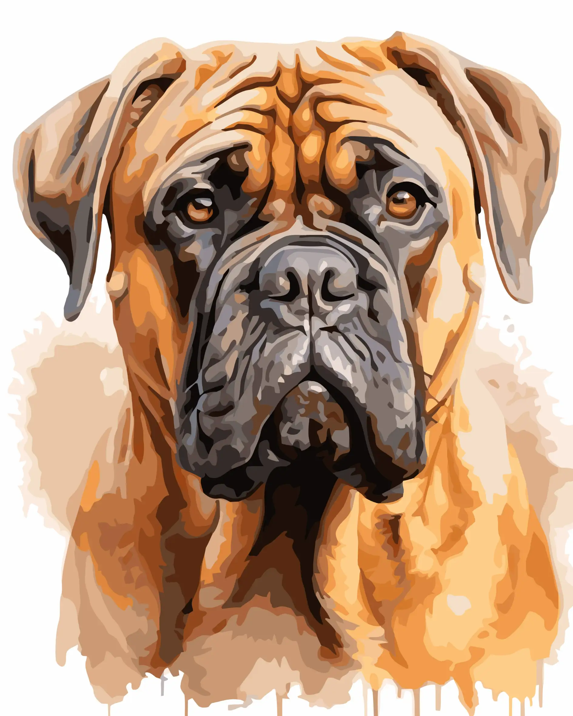 Boerboel dog portrait paint by number kit — artistic effect close-up of a Boerboel dog portrait with warm golden and brown colour palette