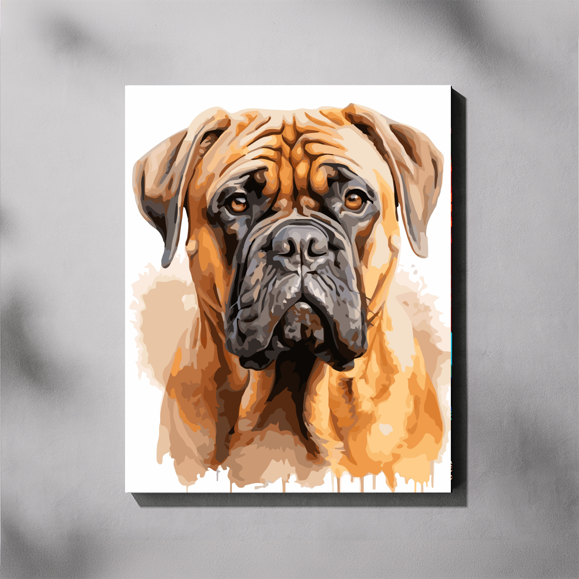Boerboel dog portrait paint by number kit , completed canvas mockup of a Boerboel dog's face on a grey background
