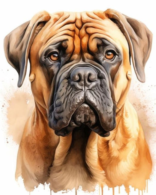 Artistic depiction of a Boerboel dog's face with a watercolor texture.