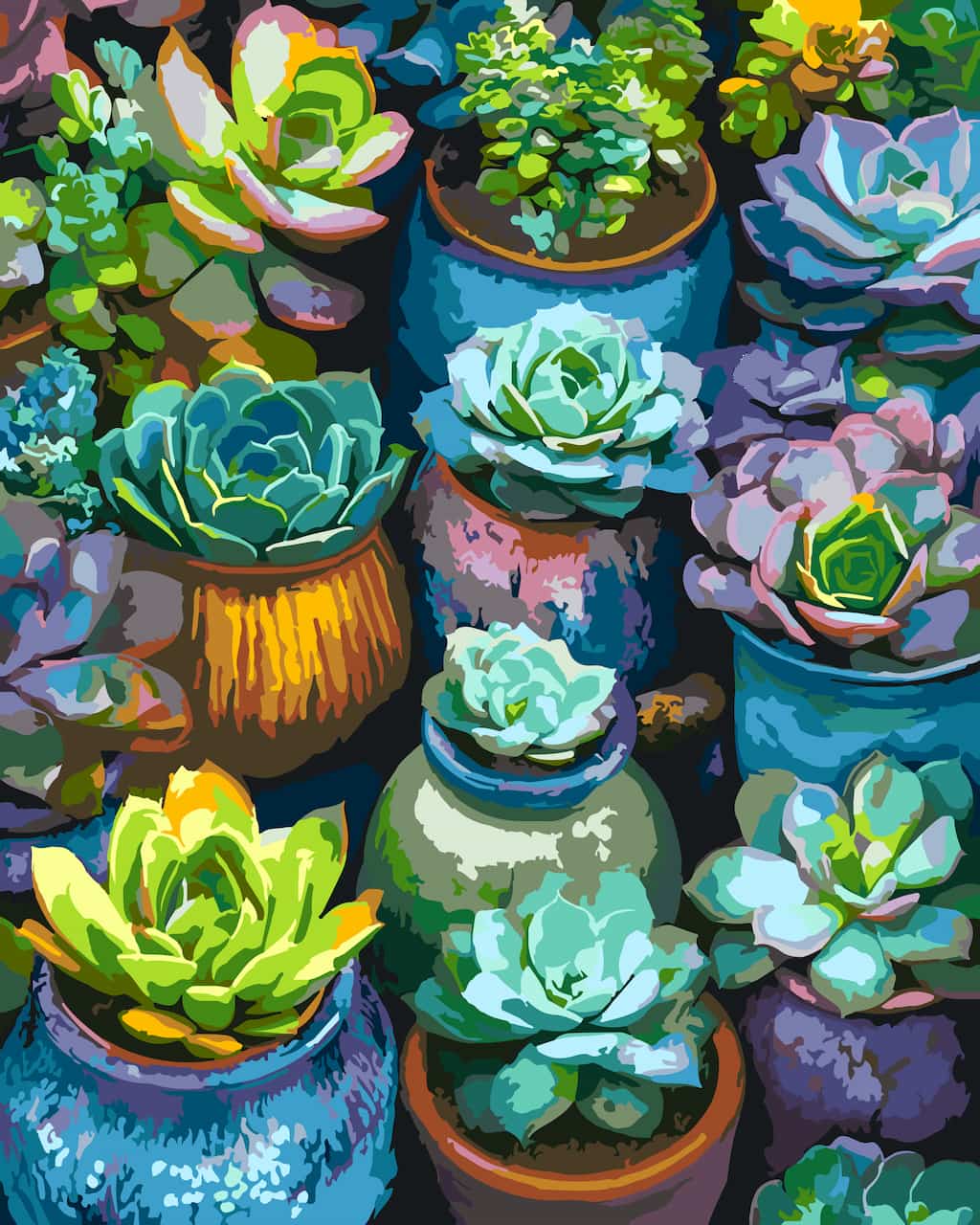 A completed paint by number of colorful succulent plants in various painted pots, featuring shades of green, blue, purple, yellow, and orange against a dark background.