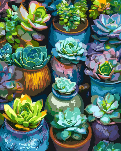 A completed paint by number of colorful succulent plants in various painted pots, featuring shades of green, blue, purple, yellow, and orange against a dark background.