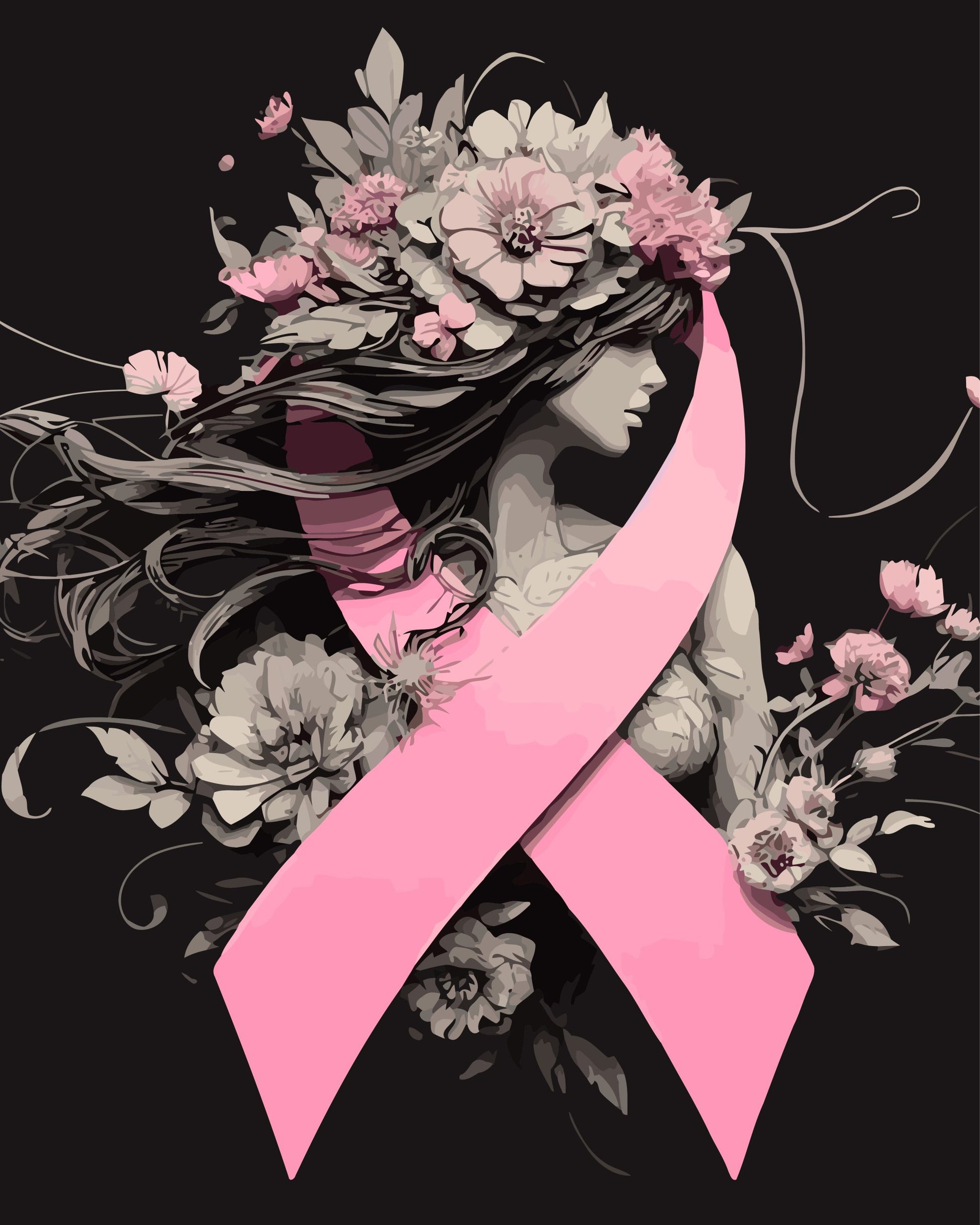 Artistic depiction of a woman with a pink ribbon and floral elements on a black background