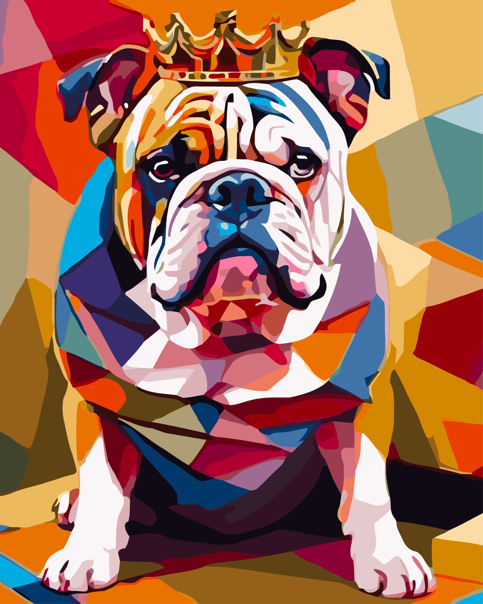 Colorful geometric-patterned bulldog with a crown on a geometric-patterned background