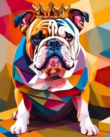 Colorful geometric design of a bulldog wearing a crown on a multicolored background