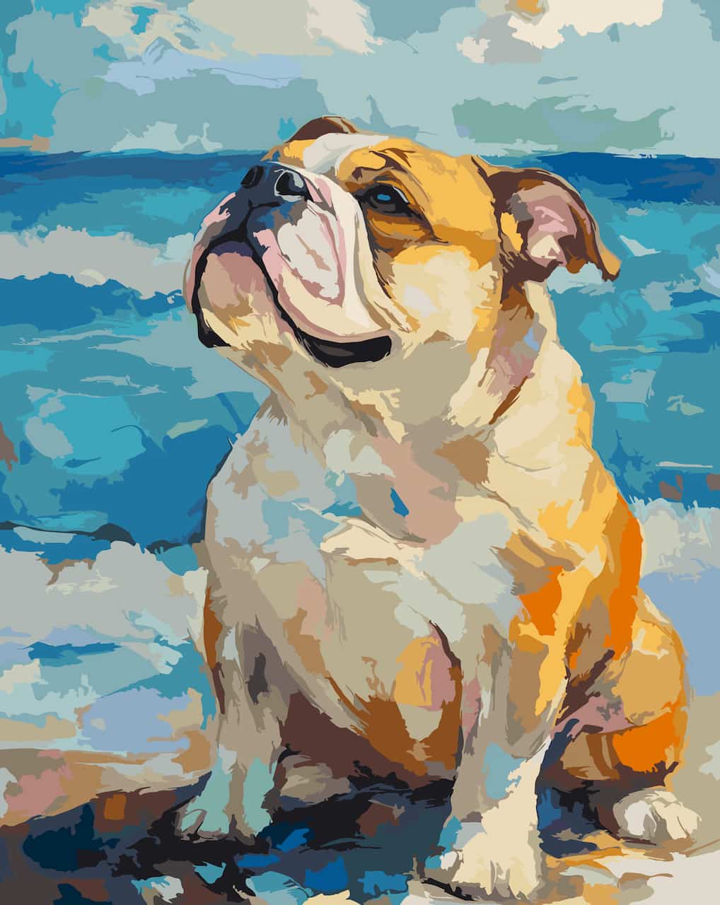 Bulldog beach day paint by number is a painted portrait of an English Bulldog sitting on a beach, with blue ocean waves and a pale sky in the background.
