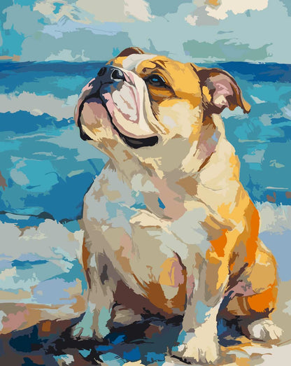 Bulldog beach day paint by number is a painted portrait of an English Bulldog sitting on a beach, with blue ocean waves and a pale sky in the background.