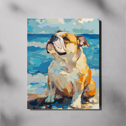 Bulldog beach day paint by number is of a bulldog sitting by the ocean, shown hanging on a light gray wall with soft shadow overlays.