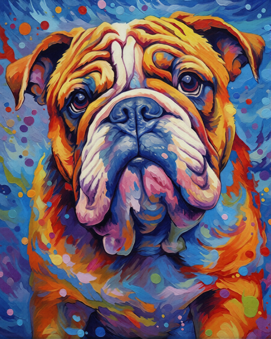 Vibrant, colorful paint by number of an English Bulldog with expressive eyes and wrinkled face, rendered in bold brushstrokes of orange, yellow, blue, pink, and purple against a splattered abstract background.