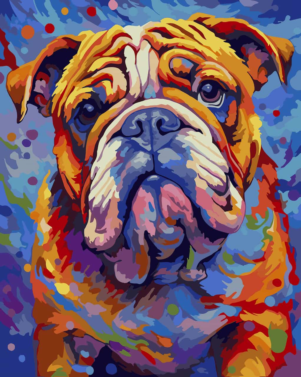 Colorful paint by number of an English Bulldog with a vibrant, textured brushstroke style on a splattered blue background.