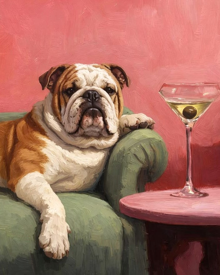 A painted scene showing an English bulldog lying on a green armchair beside a pink side table with a martini glass against a pink wall.