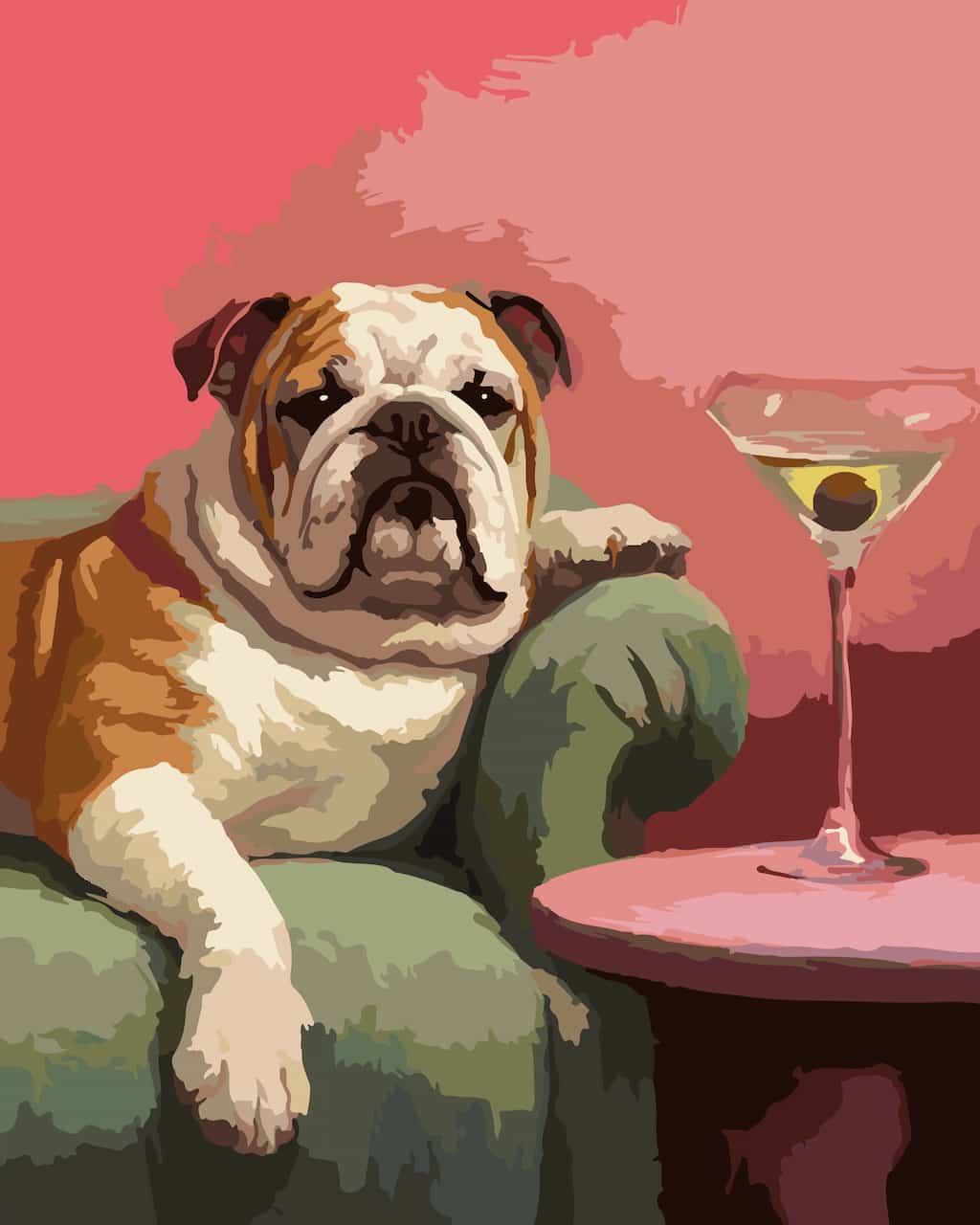A painti by number of an English Bulldog lounging on a green armchair next to a martini glass, set against a pink and red background.