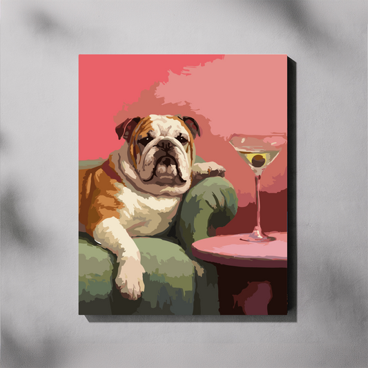 A canvas paint by number featuring a stylized painting of an English bulldog sitting on a green armchair next to a pink table with a martini glass, shown against a light gray wall with soft shadow overlays.